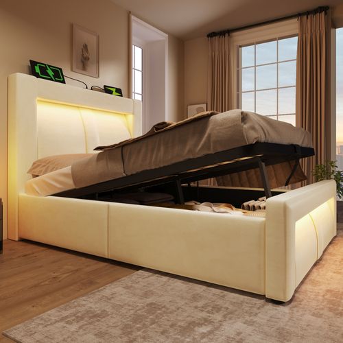 Lit Coffre Simple 90 X 200 Cm Avec Rangement, Éclairage LED, Prises USB Et Type-c, Velours, Beige