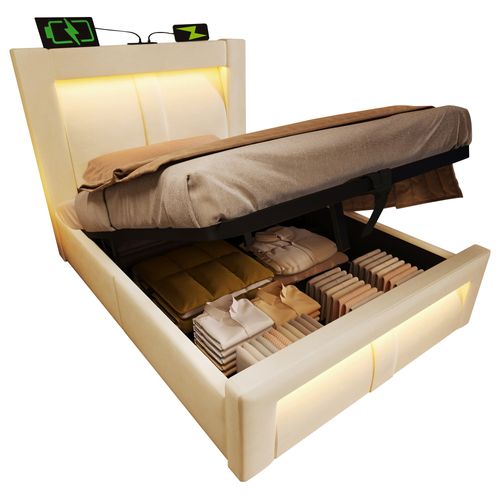 Lit Coffre Simple 90 X 200 Cm Avec Rangement, Éclairage LED, Prises USB Et Type-c, Velours, Beige
