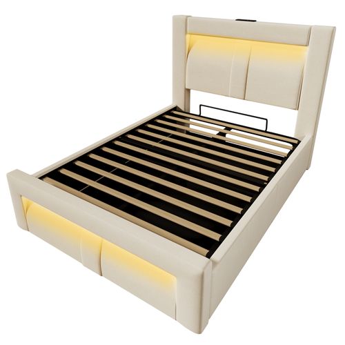Lit Coffre Simple 90 X 200 Cm Avec Rangement, Éclairage LED, Prises USB Et Type-c, Velours, Beige