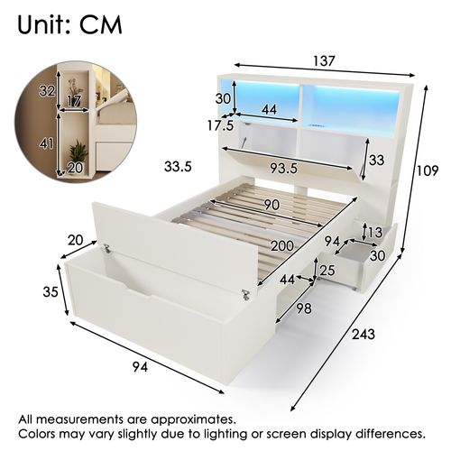 Lit Simple Enfant 90 X 200 Cm Avec 2 Tiroirs De Rangement, 1 Banc, LED, Prises USB-c, Bois, Blanc