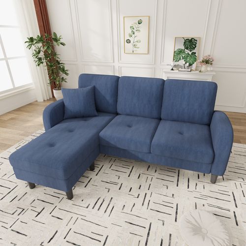 Canapé angle 3 Places 166x118x77 Cm Avec Pieds En Plastique, Coussin, En Velours Côtelé, Bleu