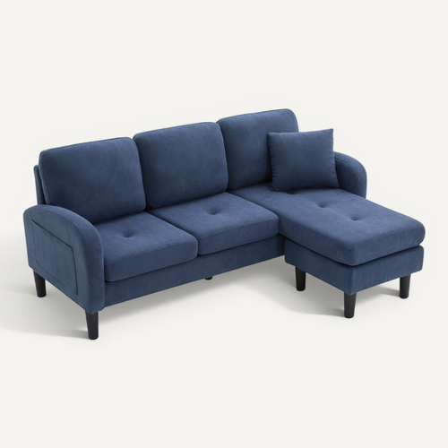 Canapé angle 3 Places 166x118x77 Cm Avec Pieds En Plastique, Coussin, En Velours Côtelé, Bleu