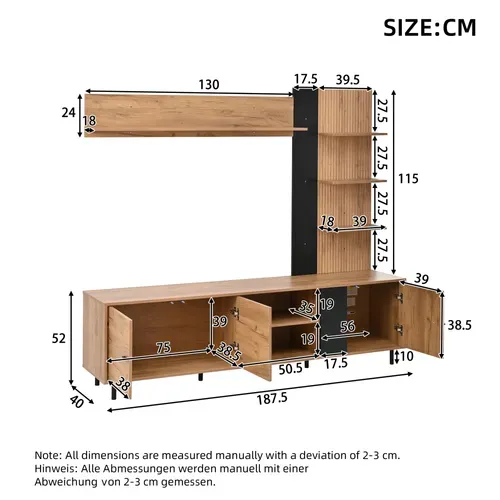 Ensemble Meuble TV Mural 187,5x40x167cm, 3 Portes Et Étagères Ouvertes, Panneaux Particules, Bois