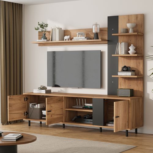 Ensemble Meuble TV Mural 187,5x40x167cm, 3 Portes Et Étagères Ouvertes, Panneaux Particules, Bois