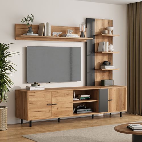 Ensemble Meuble TV Mural 187,5x40x167cm, 3 Portes Et Étagères Ouvertes, Panneaux Particules, Bois