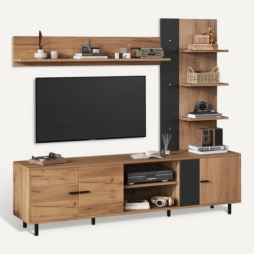 Ensemble Meuble TV Mural 187,5x40x167cm, 3 Portes Et Étagères Ouvertes, Panneaux Particules, Bois