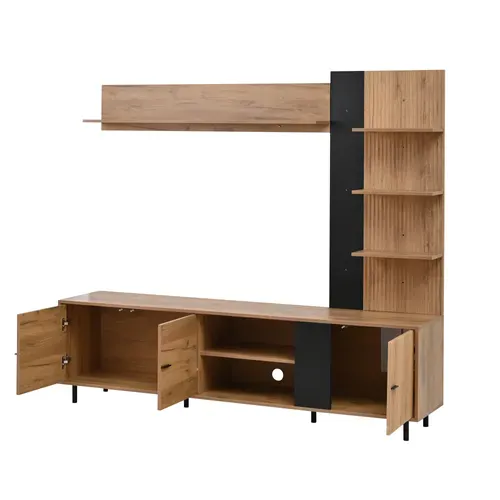 Ensemble Meuble TV Mural 187,5x40x167cm, 3 Portes Et Étagères Ouvertes, Panneaux Particules, Bois