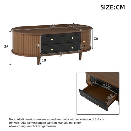 Table Basse Avec 2 Tiroirs, 2 Portes Coulissantes, Poignées, En Panneau Particules, Marron Et Noir