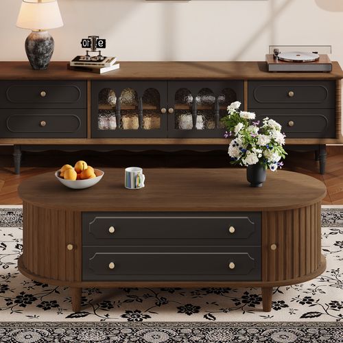 Table Basse Avec 2 Tiroirs, 2 Portes Coulissantes, Poignées, En Panneau Particules, Marron Et Noir