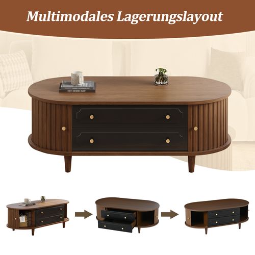 Table Basse Avec 2 Tiroirs, 2 Portes Coulissantes, Poignées, En Panneau Particules, Marron Et Noir