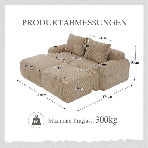 Canapé Compressé Canapé D'angle Modulable 2 Places 200x174x80 Cm, 2 Repose-pieds, Tissu, Kaki