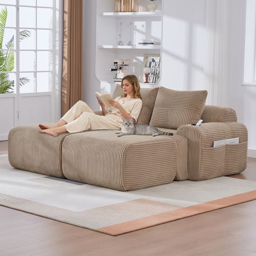 Canapé Compressé Canapé D'angle Modulable 2 Places 200x174x80 Cm, 2 Repose-pieds, Tissu, Kaki