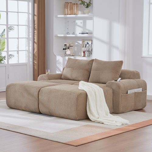 Canapé Compressé Canapé D'angle Modulable 2 Places 200x174x80 Cm, 2 Repose-pieds, Tissu, Kaki