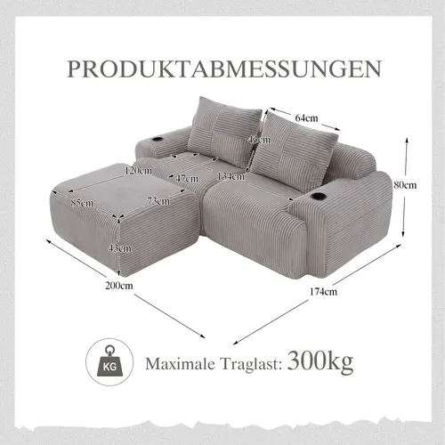 Canapé D'angle Modulable 2 Places Canapé Compressé 200x174x80Cm, Repose-pieds, Tissu, Gris Clair