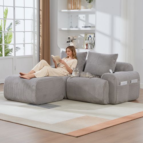 Canapé D'angle Modulable 2 Places Canapé Compressé 200x174x80Cm, Repose-pieds, Tissu, Gris Clair