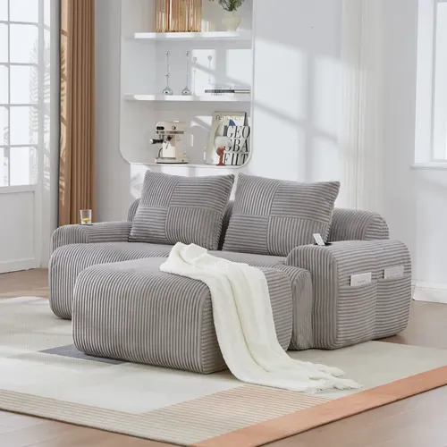 Canapé D'angle Modulable 2 Places Canapé Compressé 200x174x80Cm, Repose-pieds, Tissu, Gris Clair