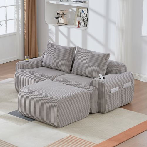 Canapé D'angle Modulable 2 Places Canapé Compressé 200x174x80Cm, Repose-pieds, Tissu, Gris Clair