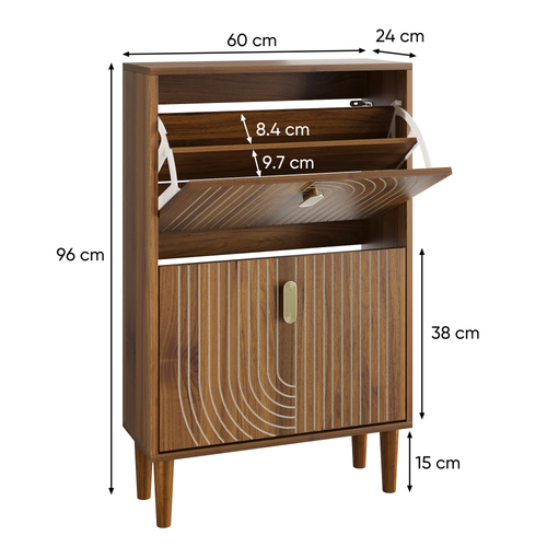 Meuble à Chaussures 60x24x96 Cm, 2 Volets Rabattables, Motif Rayé, Design Rainuré, En Mdf, Marron