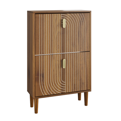 Meuble à Chaussures 60x24x96 Cm, 2 Volets Rabattables, Motif Rayé, Design Rainuré, En Mdf, Marron