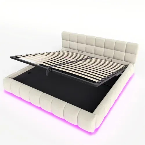 Lit Coffre Adulte 180x200 Cm Avec Rangement , Lit Double Avec Bande LED, Velours, Beige