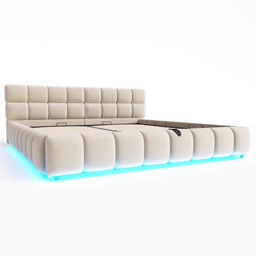 Lit Coffre Adulte 180x200 Cm Avec Rangement , Lit Double Avec Bande LED, Velours, Beige