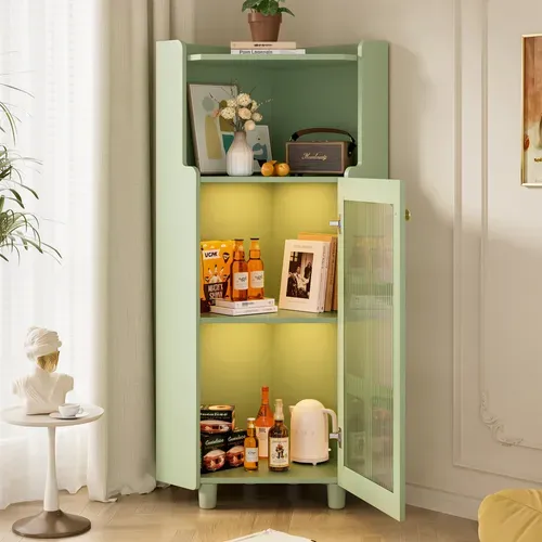 Caisson D'angle 63,5x124 Cm Armoire D'angle Avec LED, Étagère Ouverte, 1 Porte, En Mdf, Vert