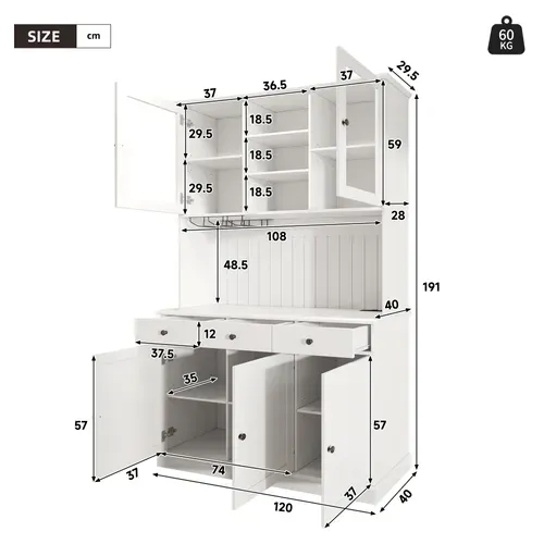 Buffet De Cuisine 120x40x191 Cm Avec 5 Portes, 3 Tiroirs, Prises USB-c Et A, Mdf Et Verre, Blanc