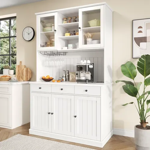 Buffet De Cuisine 120x40x191 Cm Avec 5 Portes, 3 Tiroirs, Prises USB-c Et A, Mdf Et Verre, Blanc