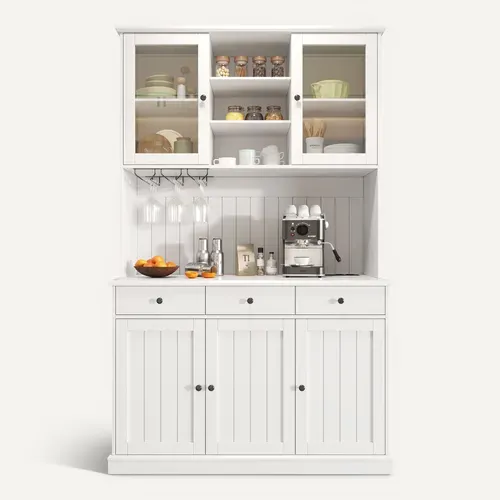 Buffet De Cuisine 120x40x191 Cm Avec 5 Portes, 3 Tiroirs, Prises USB-c Et A, Mdf Et Verre, Blanc