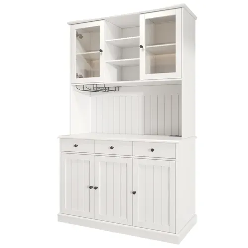Buffet De Cuisine 120x40x191 Cm Avec 5 Portes, 3 Tiroirs, Prises USB-c Et A, Mdf Et Verre, Blanc