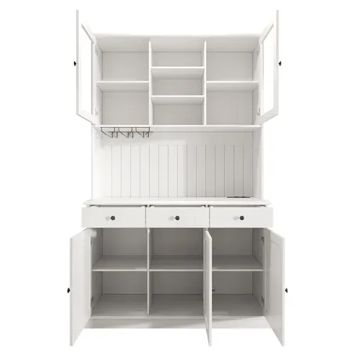 Buffet De Cuisine 120x40x191 Cm Avec 5 Portes, 3 Tiroirs, Prises USB-c Et A, Mdf Et Verre, Blanc