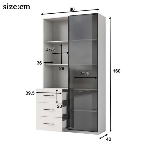 Vitrine 80x40x160 Cm Avec LED, Porte En Verre, 3 Tiroirs, Niches, En Panneaux De Particules, Blanc