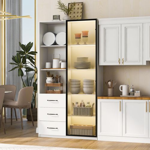 Vitrine 80x40x160 Cm Avec LED, Porte En Verre, 3 Tiroirs, Niches, En Panneaux De Particules, Blanc