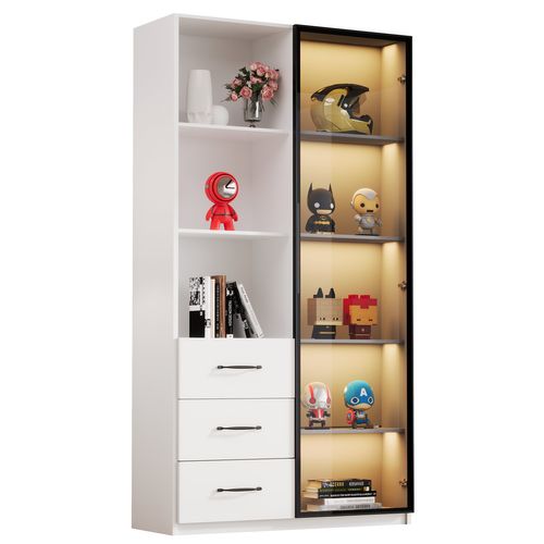 Vitrine 80x40x160 Cm Avec LED, Porte En Verre, 3 Tiroirs, Niches, En Panneaux De Particules, Blanc