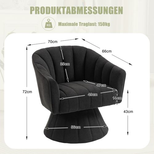 Fauteuil Pivotant 360° Moderne Avec Dossier Ergonomique Et Accoudoirs, En Velours Côtelé, Noir