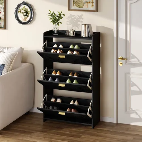 Buffet à Chaussures 70x30x120 Cm Avec 3 Portes Abattantes, 6 Compartiments Réglables, Mdf, Noir