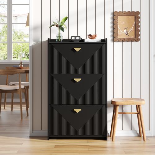 Buffet à Chaussures 70x30x120 Cm Avec 3 Portes Abattantes, 6 Compartiments Réglables, Mdf, Noir