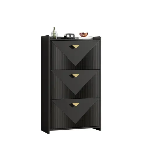 Buffet à Chaussures 70x30x120 Cm Avec 3 Portes Abattantes, 6 Compartiments Réglables, Mdf, Noir