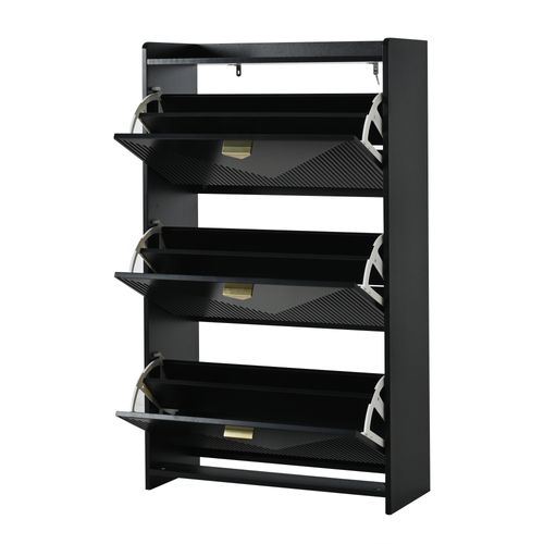 Buffet à Chaussures 70x30x120 Cm Avec 3 Portes Abattantes, 6 Compartiments Réglables, Mdf, Noir