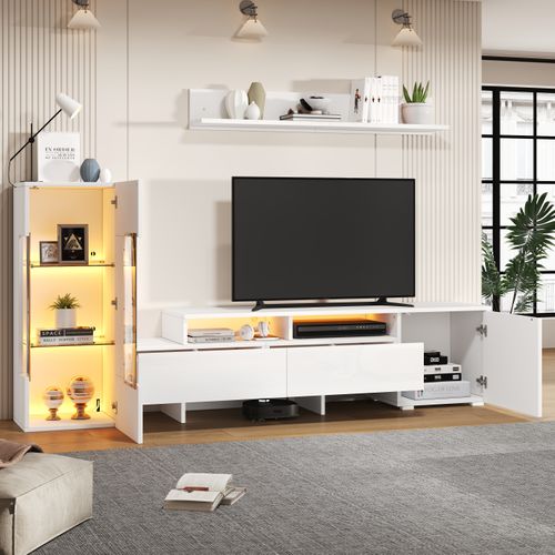 Ensemble De Salon: 1 Meuble TV, 1 Armoire Mural, 1 Support Mural, En Panneau De Particules, Blanc