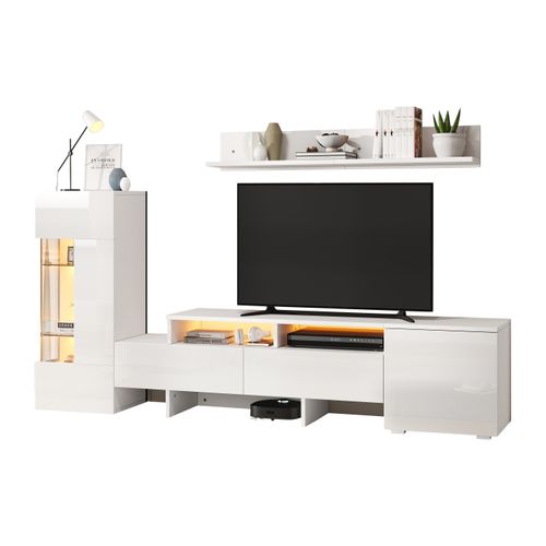 Ensemble De Salon: 1 Meuble TV, 1 Armoire Mural, 1 Support Mural, En Panneau De Particules, Blanc