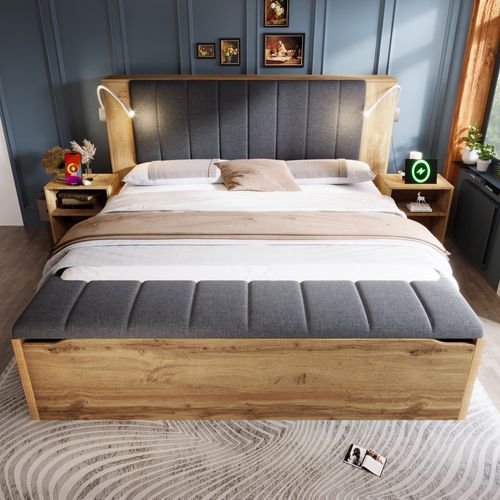 Lit Adulte Double 160x200 Cm Avec Banc, Lampes De Lecture Et Tête De Lit Ouvrant, Mdf, Couleur Chêne
