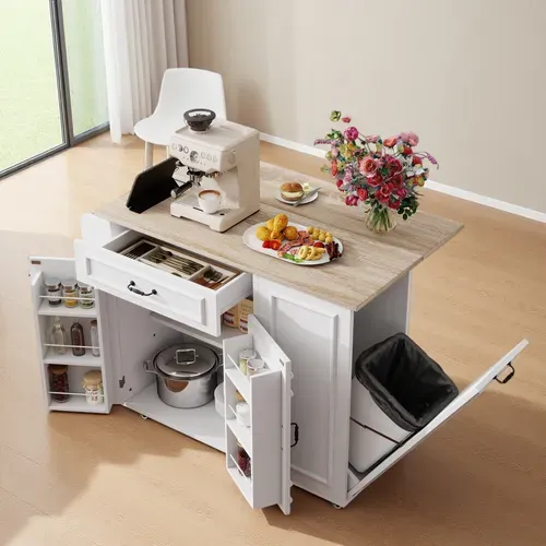 Îlot De Cuisine Mobile 110x40/70x90 Cm Avec 1 Tiroir, Prise, Rangements, Roulettes, Mdf, Blanc