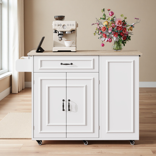 Îlot De Cuisine Mobile 110x40/70x90 Cm Avec 1 Tiroir, Prise, Rangements, Roulettes, Mdf, Blanc