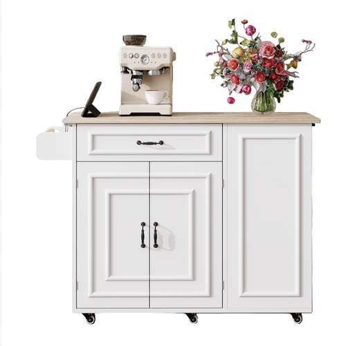 Îlot De Cuisine Mobile 110x40/70x90 Cm Avec 1 Tiroir, Prise, Rangements, Roulettes, Mdf, Blanc