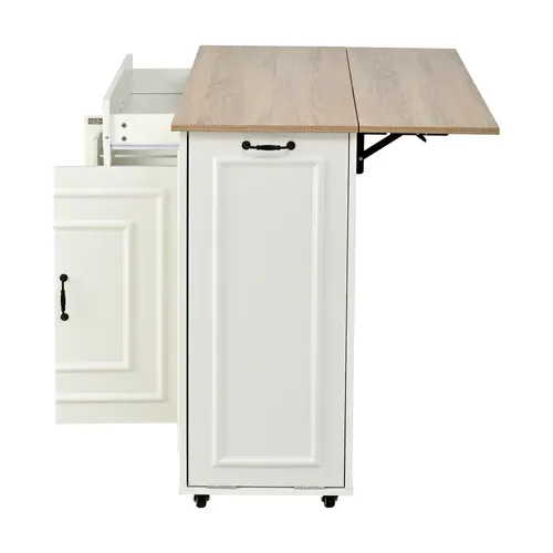 Îlot De Cuisine Mobile 110x40/70x90 Cm Avec 1 Tiroir, Prise, Rangements, Roulettes, Mdf, Blanc