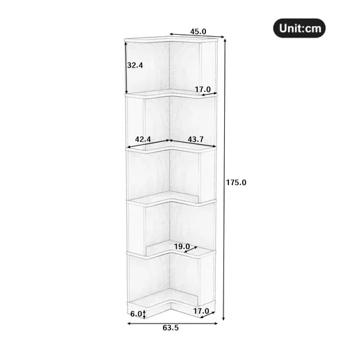 Etagère D'angle L 5 Niveaux 63.5x45x175cm, Avec Bande LED Contrôle App, Marron
