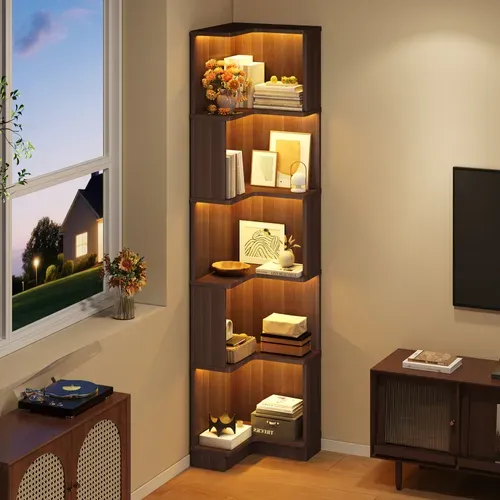 Etagère D'angle L 5 Niveaux 63.5x45x175cm, Avec Bande LED Contrôle App, Marron