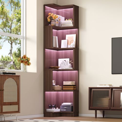 Etagère D'angle L 5 Niveaux 63.5x45x175cm, Avec Bande LED Contrôle App, Marron