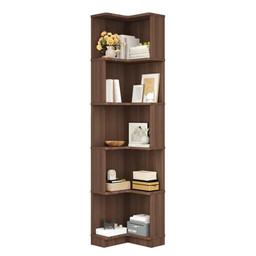 Etagère D'angle L 5 Niveaux 63.5x45x175cm, Avec Bande LED Contrôle App, Marron